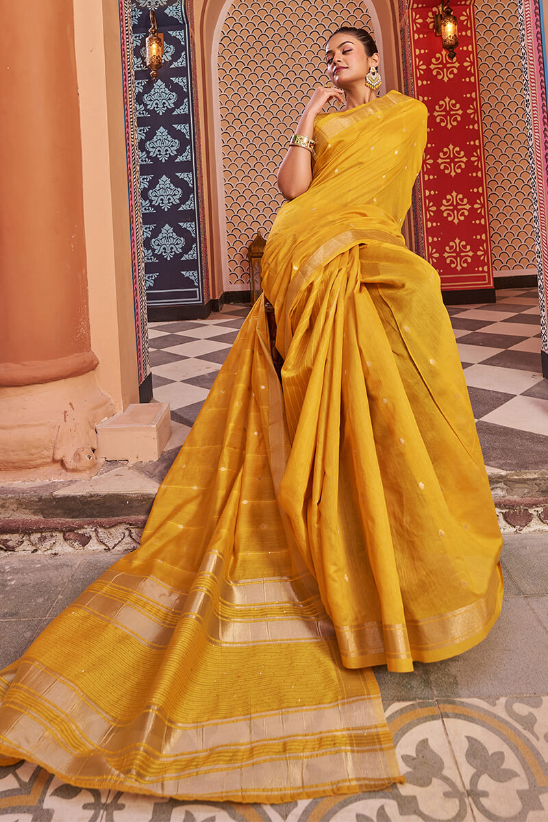 FIona Yellow Linen Cotton Silk Saree With Glorious Blouse 