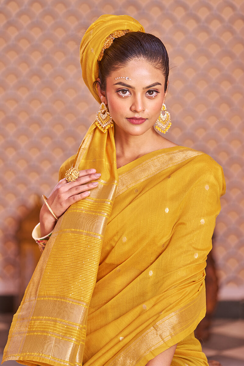 FIona Yellow Linen Cotton Silk Saree With Glorious Blouse 