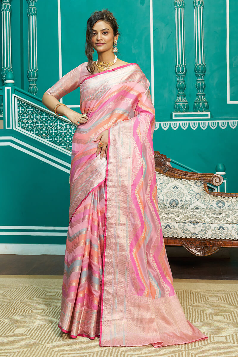 Sudha Baby Pink Organza Silk Saree With Radiant Blouse