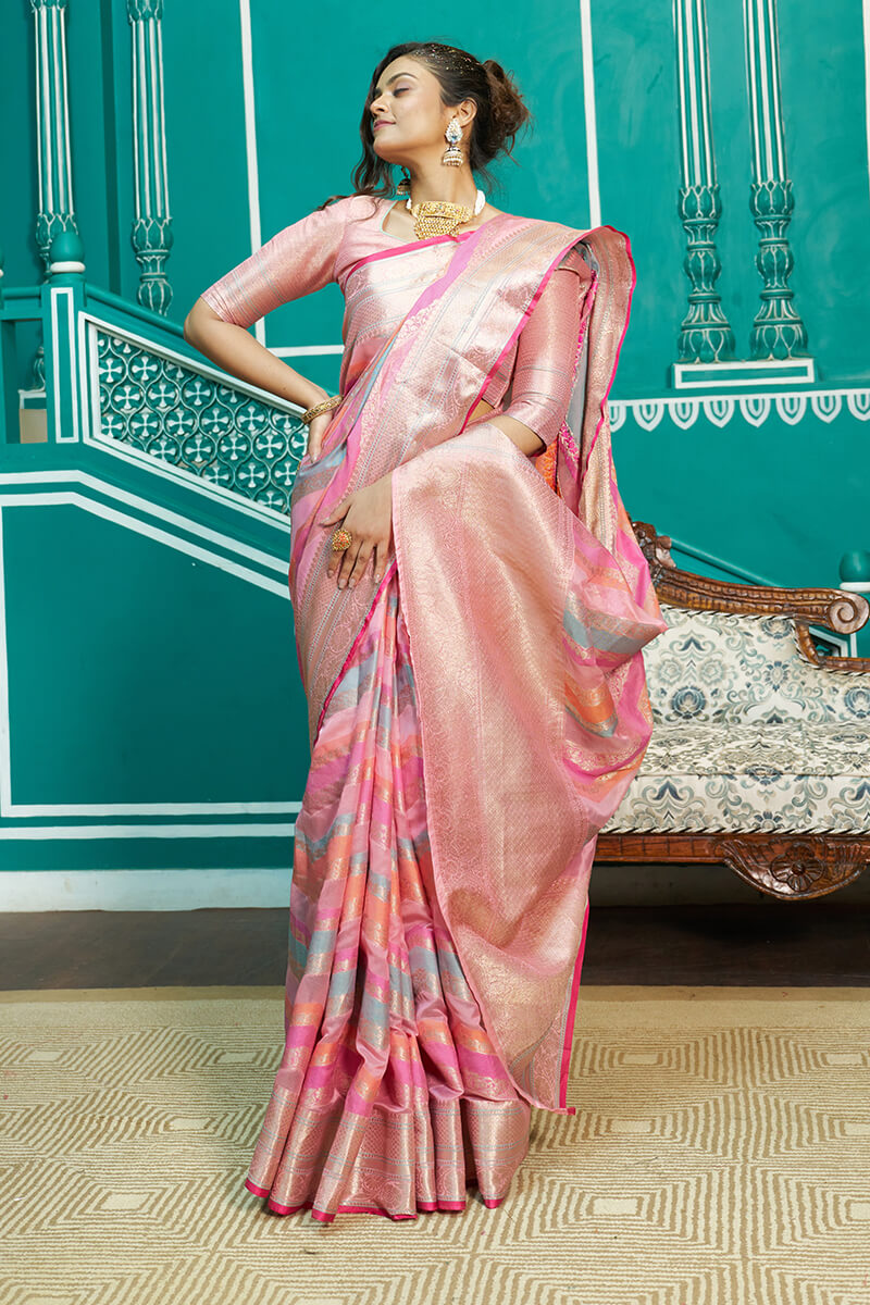 Sudha Baby Pink Organza Silk Saree With Radiant Blouse