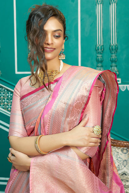 Sudha Baby Pink Organza Silk Saree With Radiant Blouse