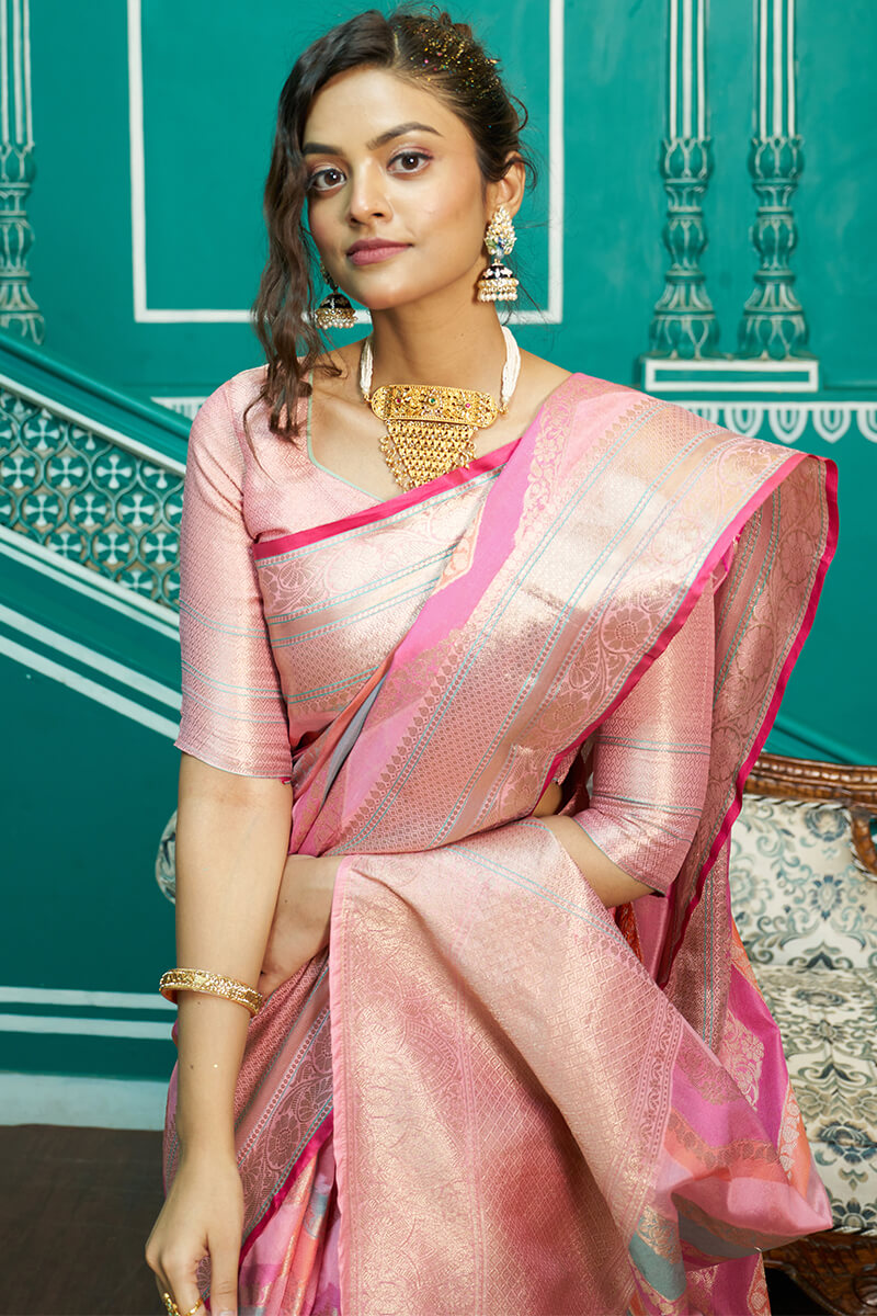 Sudha Baby Pink Organza Silk Saree With Radiant Blouse