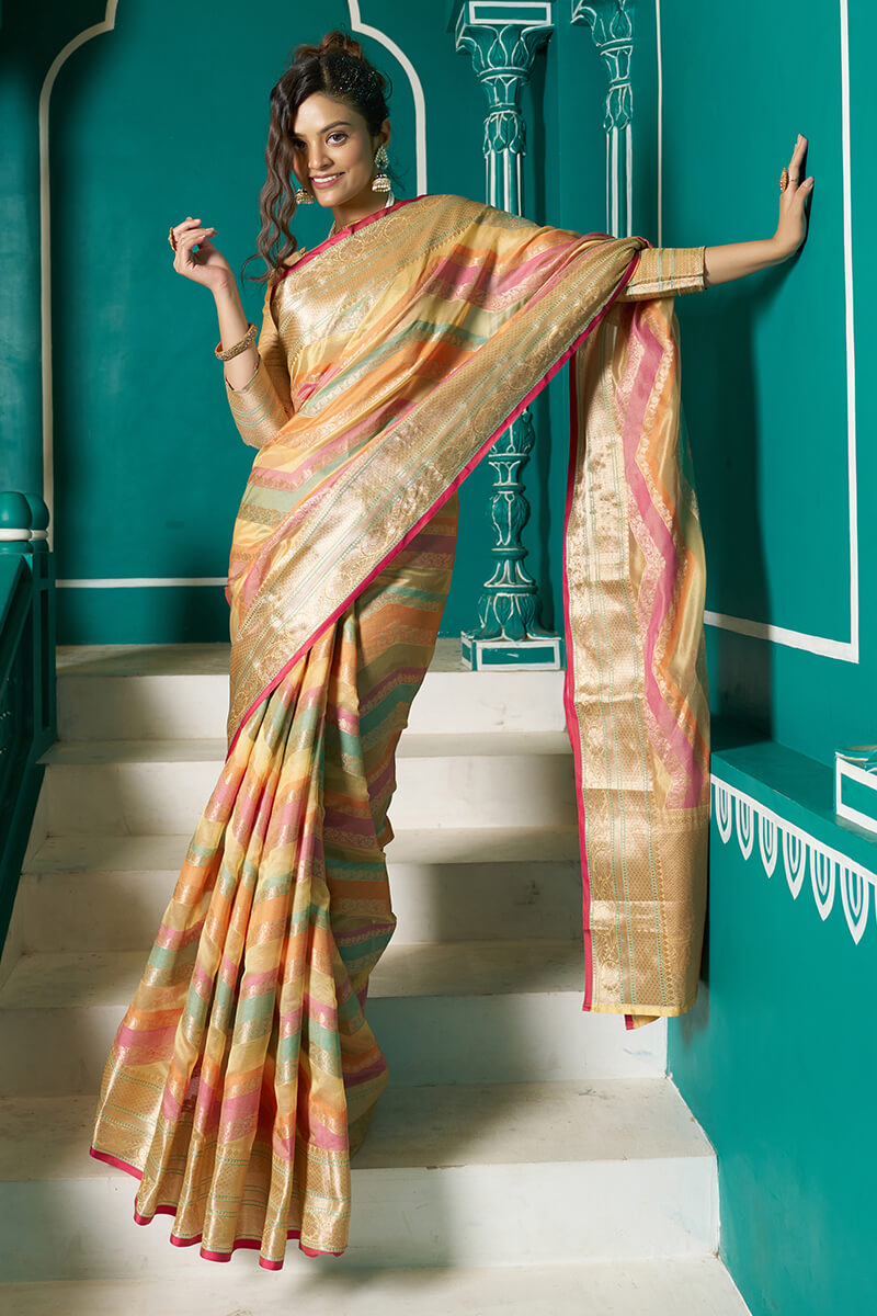 Sudha Mustard Organza Silk Saree With Blissful Blouse Piece