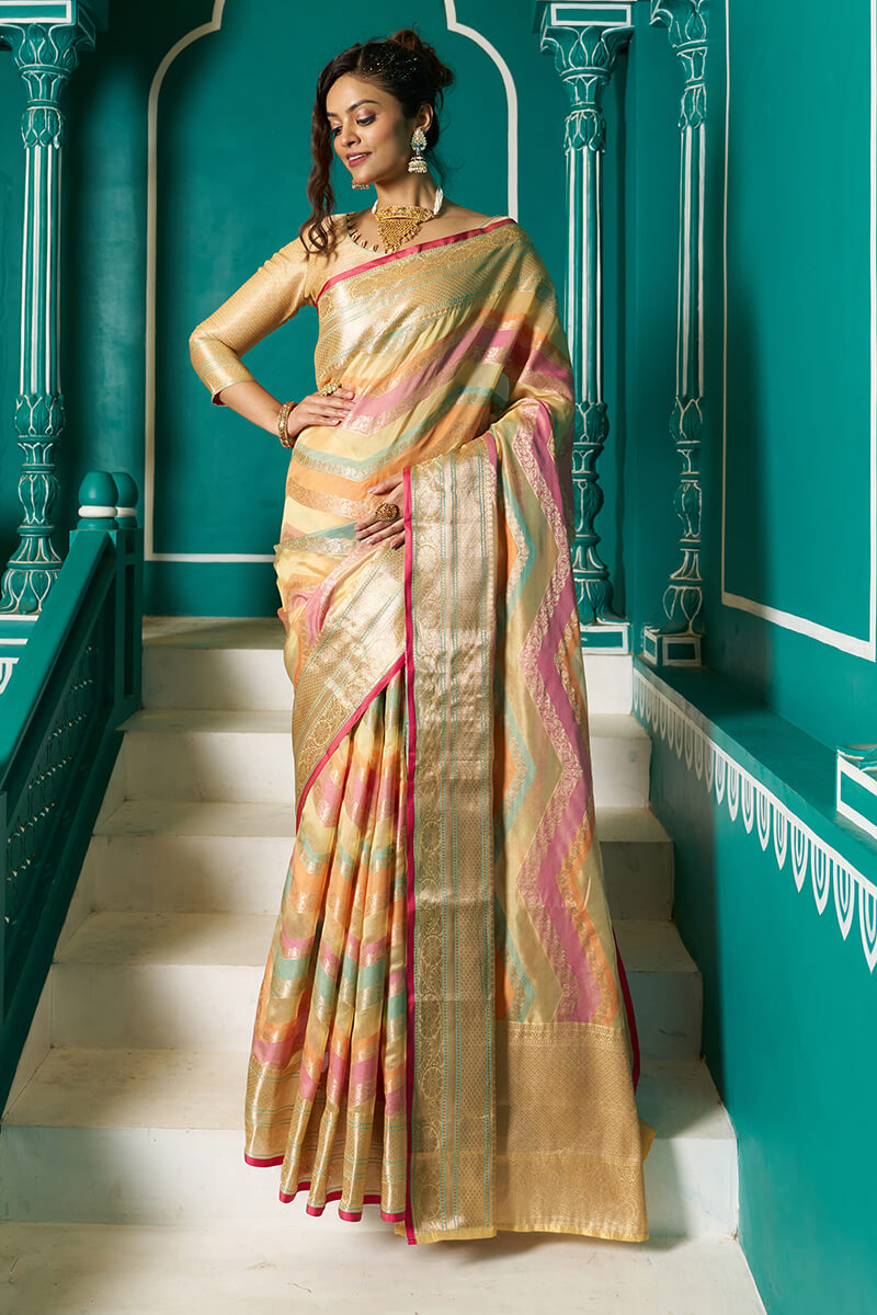 Sudha Mustard Organza Silk Saree With Blissful Blouse Piece