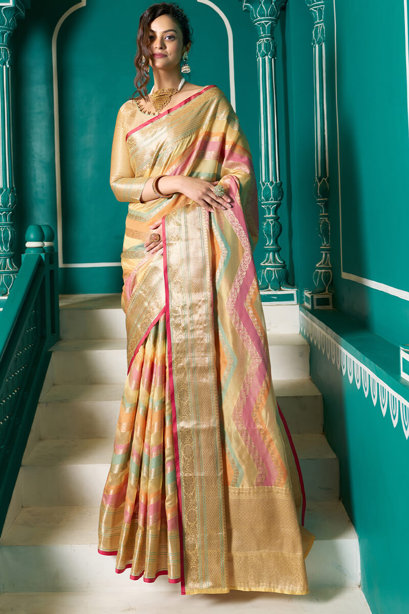 Sudha Mustard Organza Silk Saree With Blissful Blouse Piece