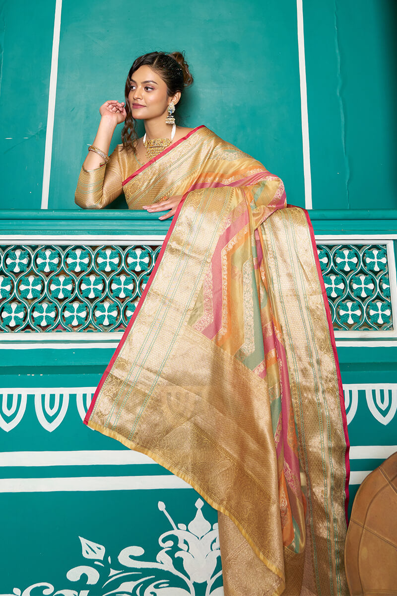 Sudha Mustard Organza Silk Saree With Blissful Blouse Piece