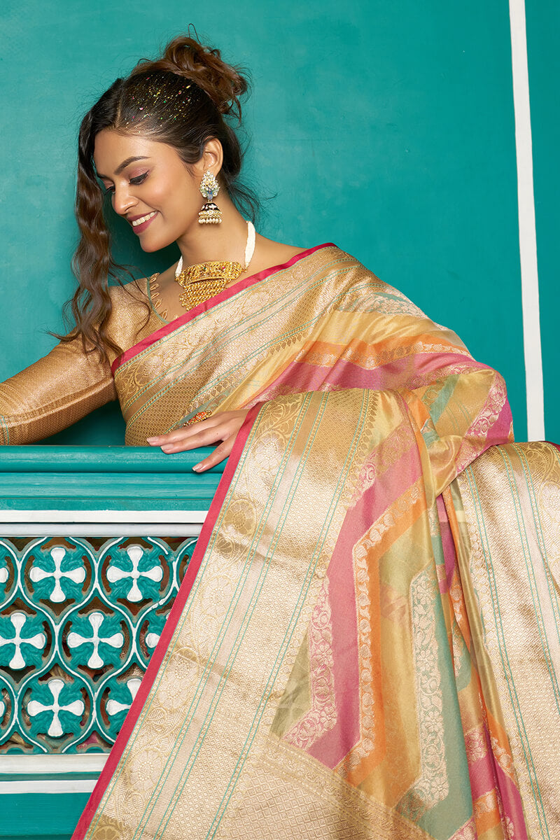 Sudha Mustard Organza Silk Saree With Blissful Blouse Piece