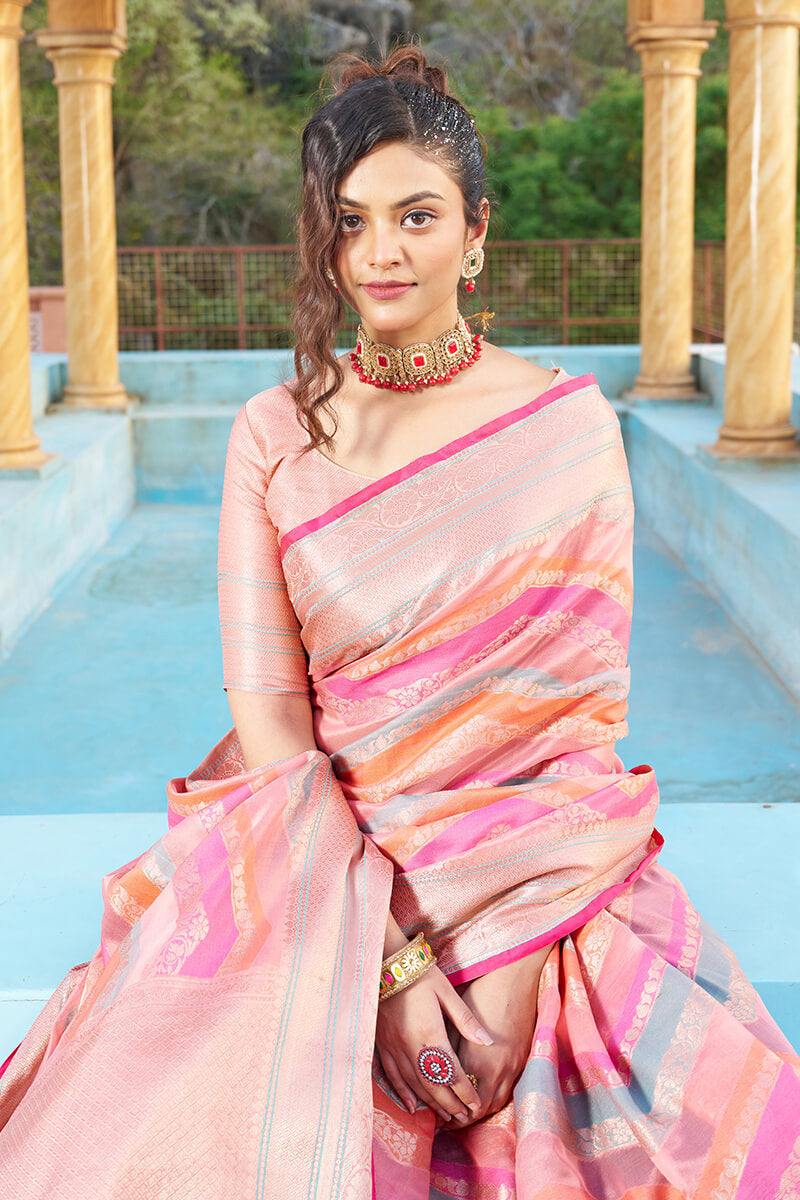 Sudha Pink Organza Silk Saree With Delightful Blouse Piece