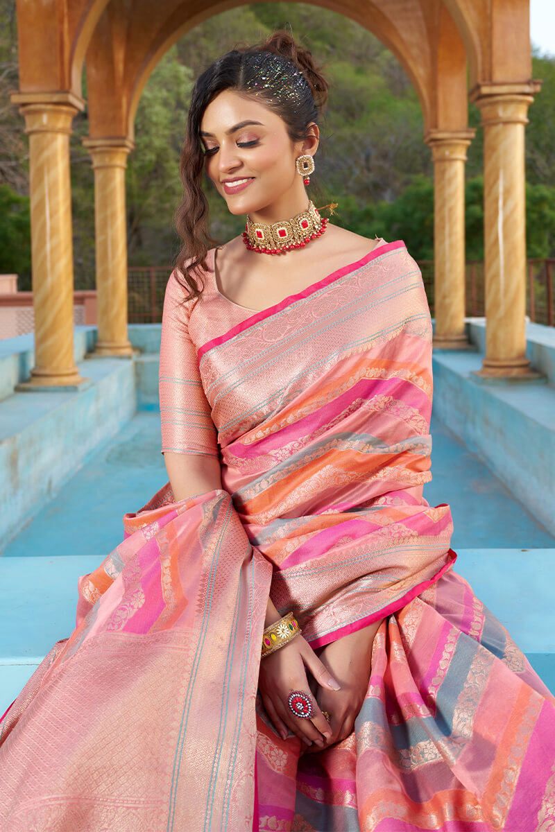 Sudha Pink Organza Silk Saree With Delightful Blouse Piece