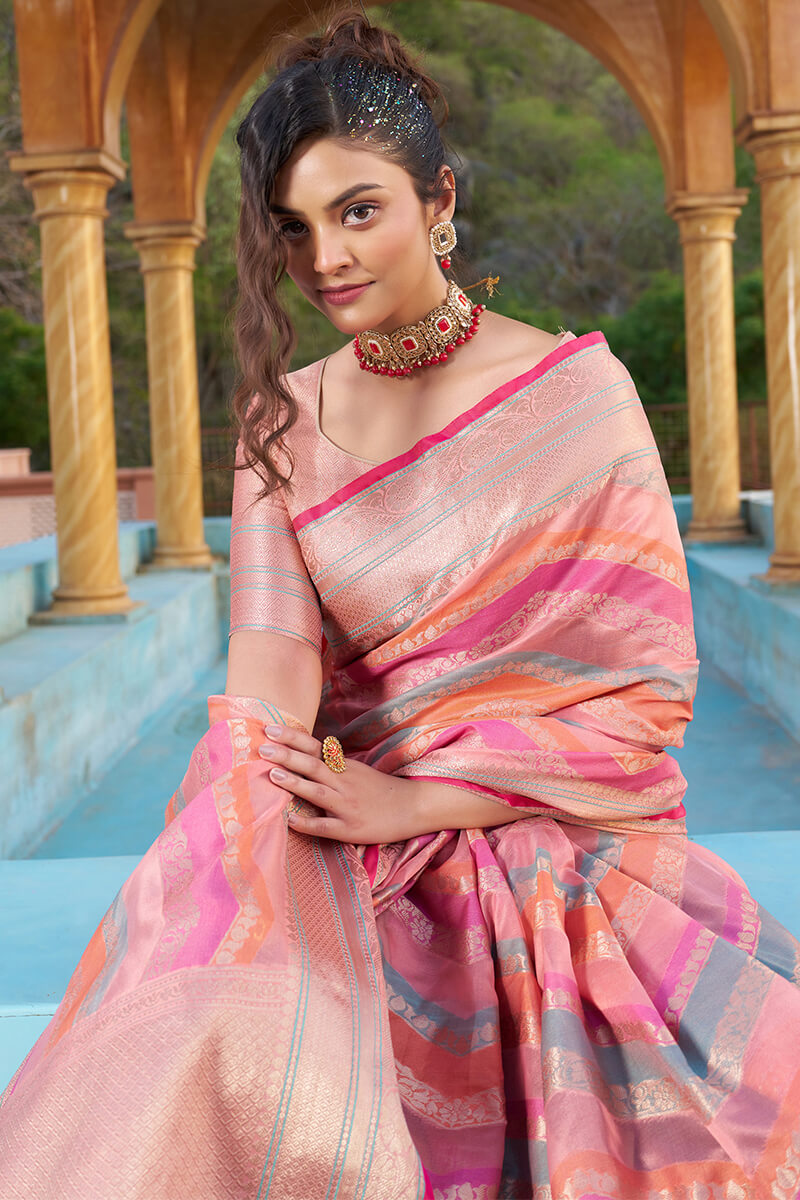 Sudha Pink Organza Silk Saree With Delightful Blouse Piece