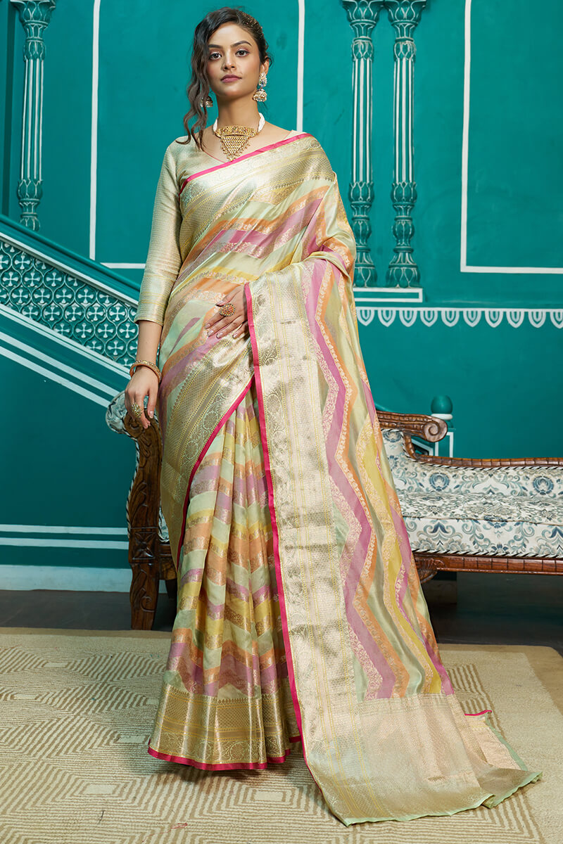 Sudha Pista Organza Silk Saree With Inspiring Blouse 