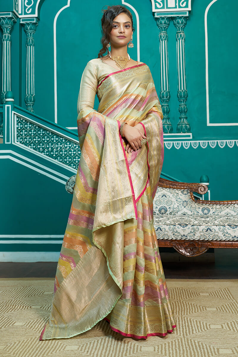 Sudha Pista Organza Silk Saree With Inspiring Blouse 