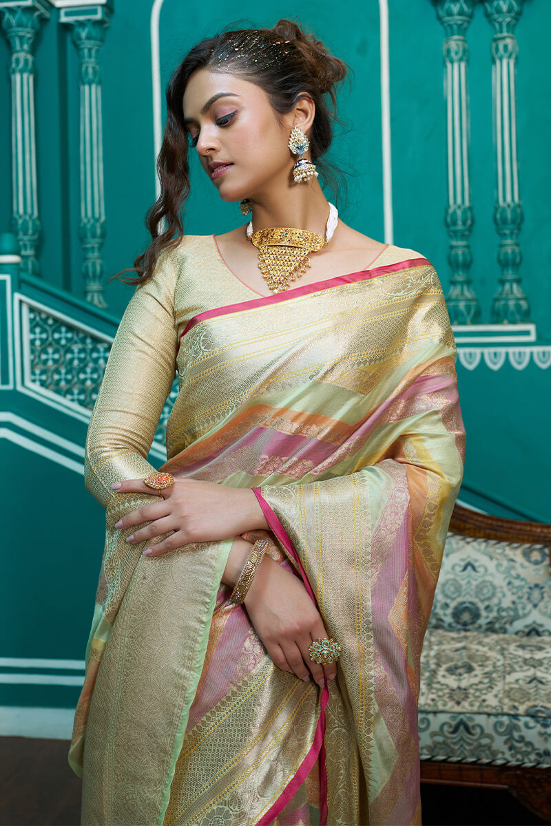 Sudha Pista Organza Silk Saree With Inspiring Blouse 