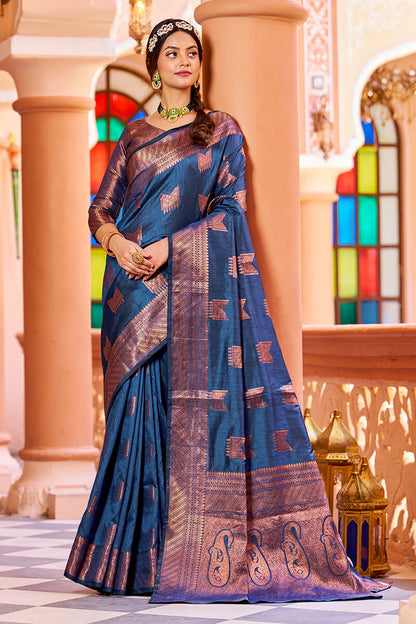 Mamta Navy Blue Soft Banarasi Silk Saree With Designer Blousea 