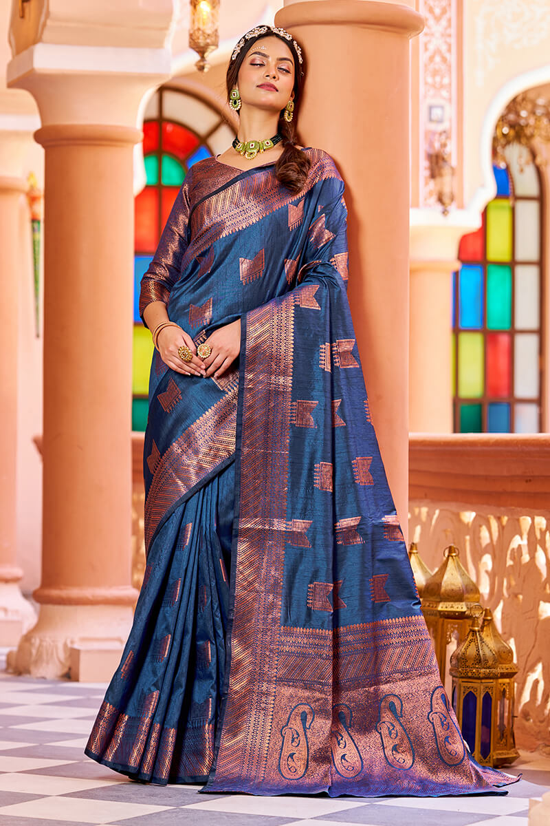 Mamta Navy Blue Soft Banarasi Silk Saree With Designer Blousea 