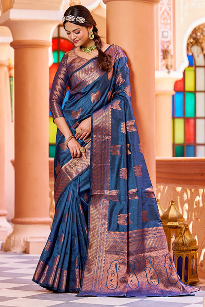 Mamta Navy Blue Soft Banarasi Silk Saree With Designer Blousea 