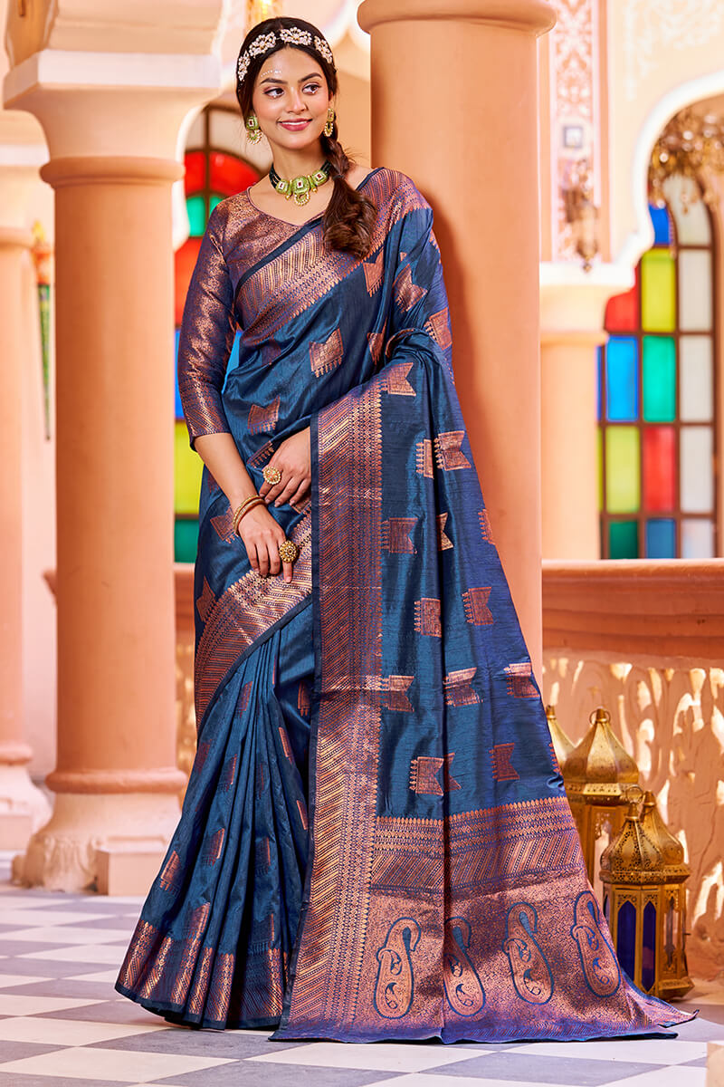 Mamta Navy Blue Soft Banarasi Silk Saree With Designer Blousea 