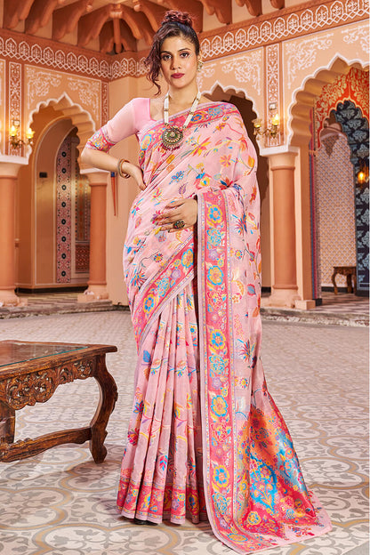 Turvi Baby Pink Linen Silk Saree With Prettiest Blouse 