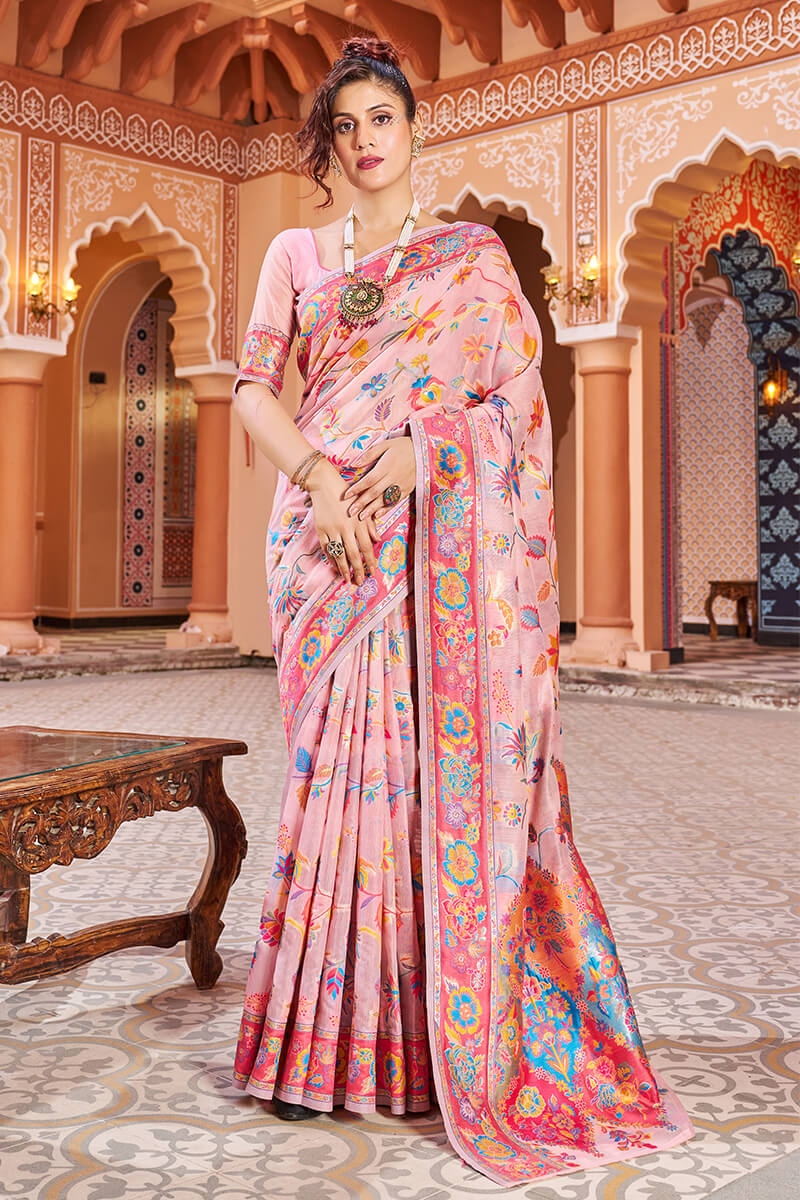 Turvi Baby Pink Linen Silk Saree With Prettiest Blouse 