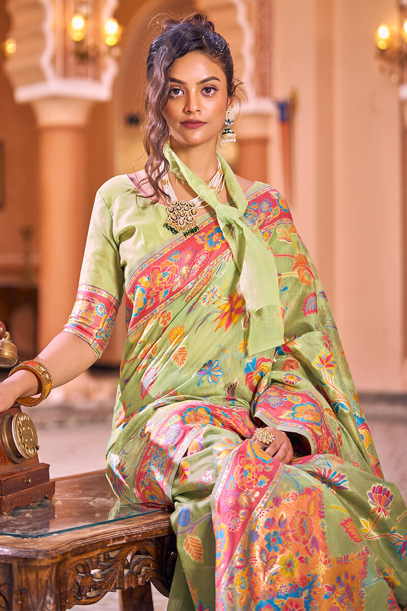 Mahika Pista Linen Silk Saree With Exclusive Blouse 