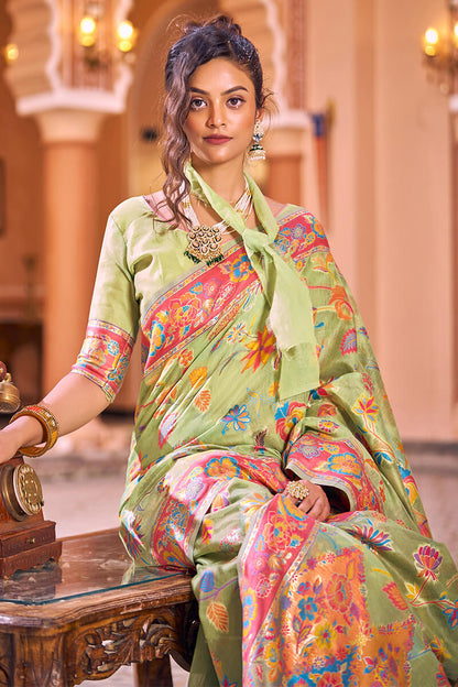 Mahika Pista Linen Silk Saree With Exclusive Blouse 