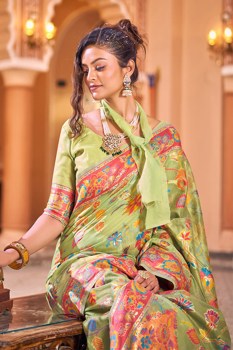 Mahika Pista Linen Silk Saree With Exclusive Blouse 