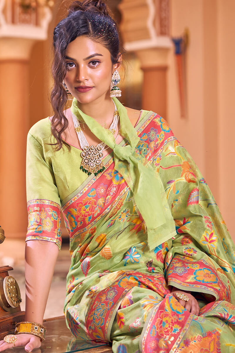 Mahika Pista Linen Silk Saree With Exclusive Blouse 