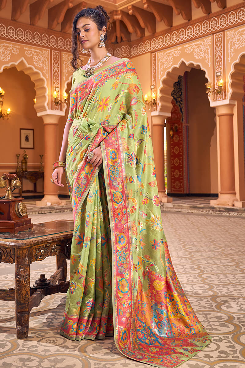 Mahika Pista Linen Silk Saree With Exclusive Blouse 