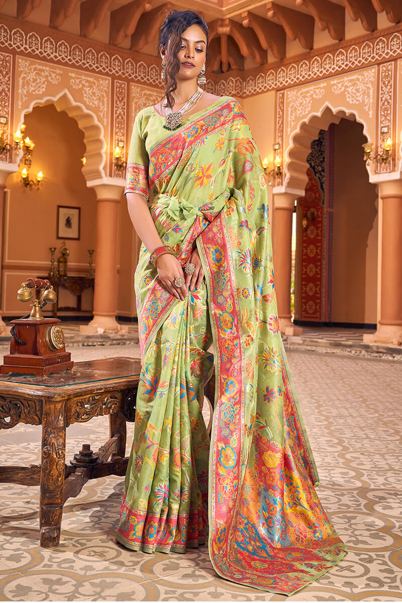 Mahika Pista Linen Silk Saree With Exclusive Blouse 