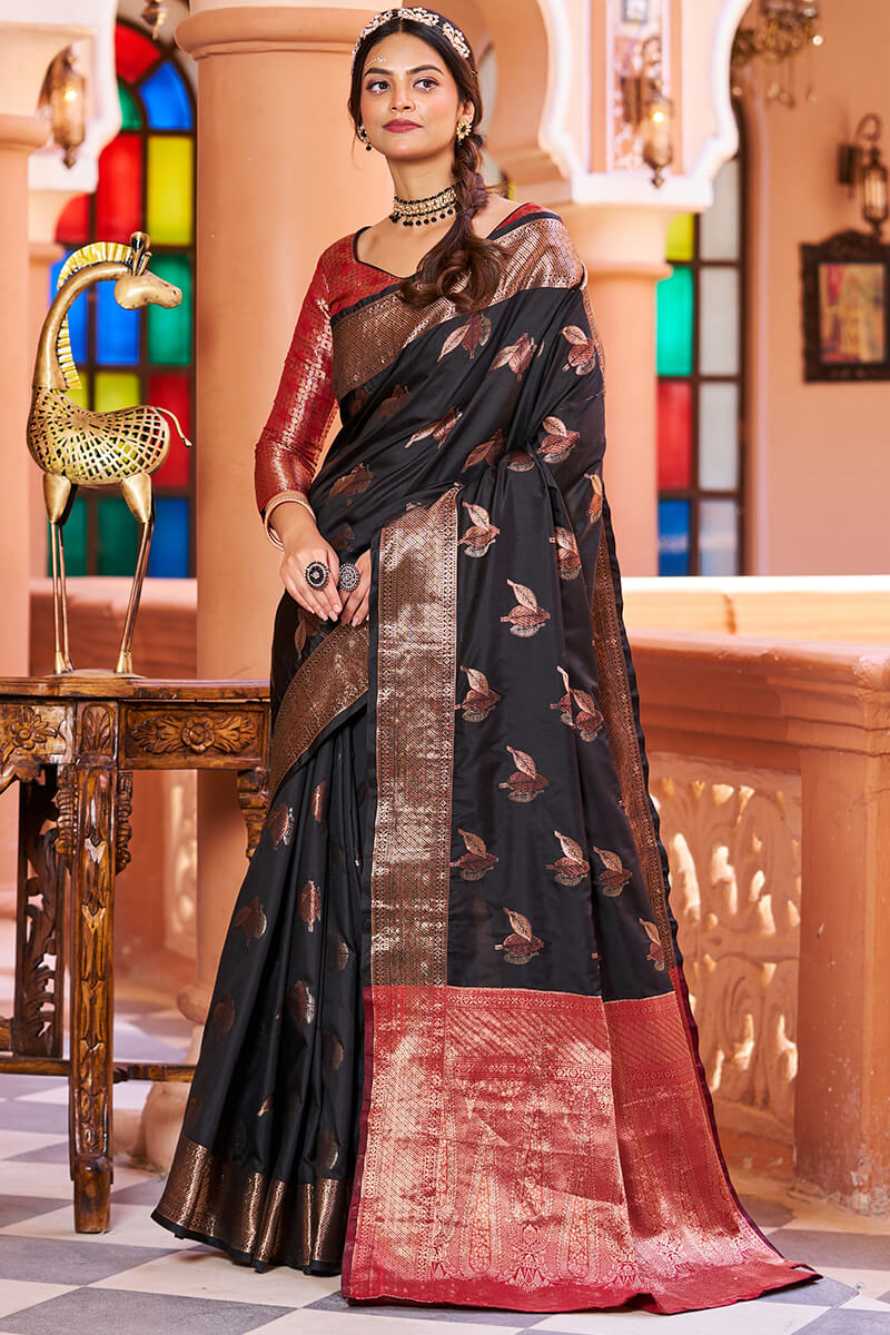 Nandini Black Soft Banarasi Silk Saree With Sumptuous Blouse Piece