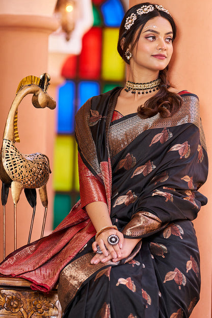 Nandini Black Soft Banarasi Silk Saree With Sumptuous Blouse Piece