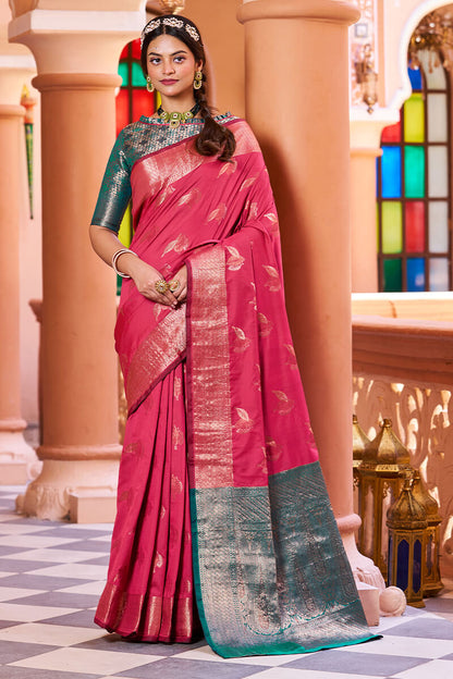 Disha Dark Pink Soft Banarasi Silk Saree With Artistic Blouse Piece