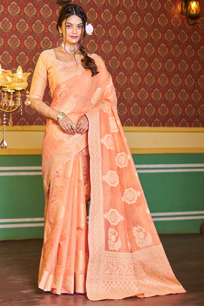 Bhavini Orange Linen Silk Saree With Artistic Blouse Piece