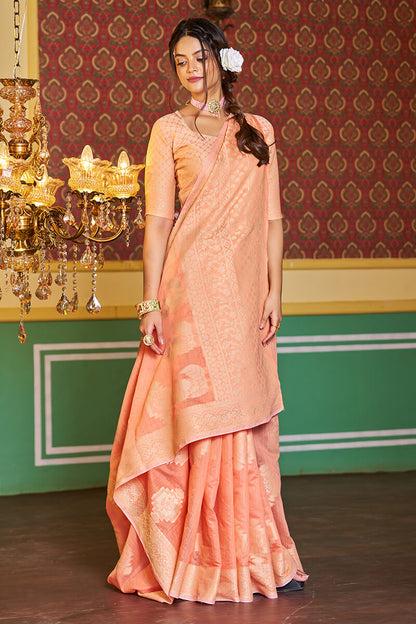 Bhavini Orange Linen Silk Saree With Artistic Blouse Piece