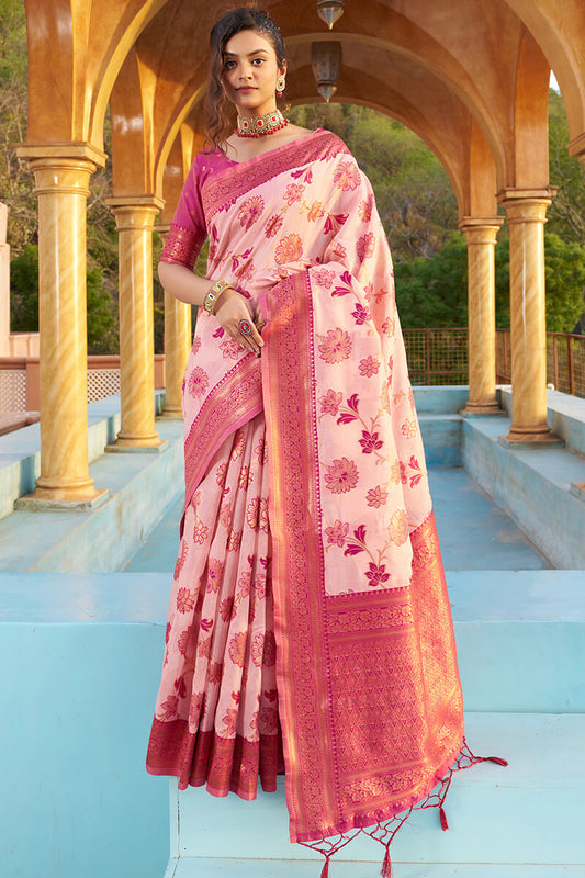 Pale Rose-Cranberry Pink Woven Banarasi Silk Saree