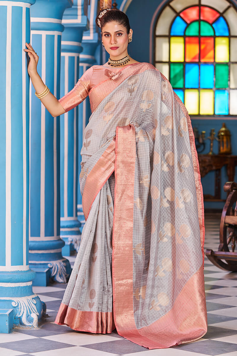 Naina Grey-Peach Organza Silk Saree With Fragrant Blouse Piece