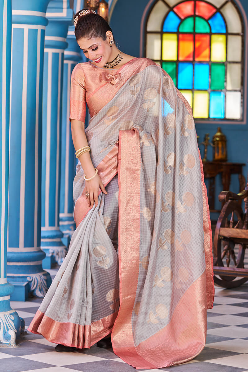 Naina Grey-Peach Organza Silk Saree With Fragrant Blouse Piece