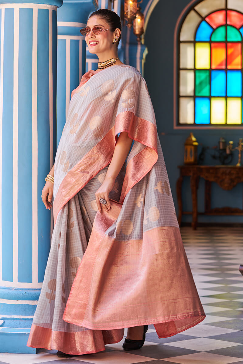 Naina Grey-Peach Organza Silk Saree With Fragrant Blouse Piece