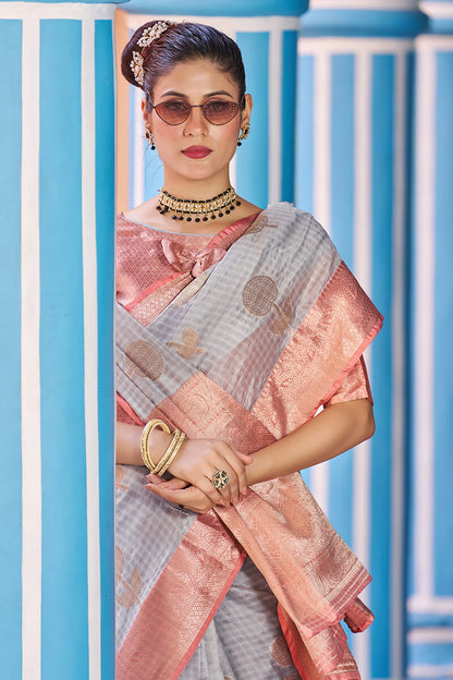 Naina Grey-Peach Organza Silk Saree With Fragrant Blouse Piece