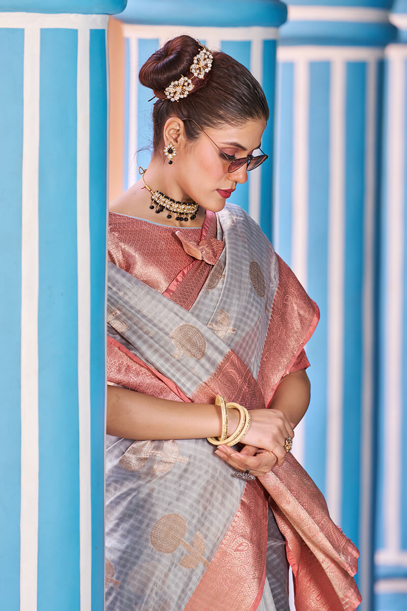 Naina Grey-Peach Organza Silk Saree With Fragrant Blouse Piece