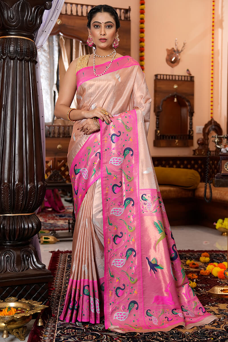 Mamta Baby Pink Paithani Silk Saree With Attached Blouse