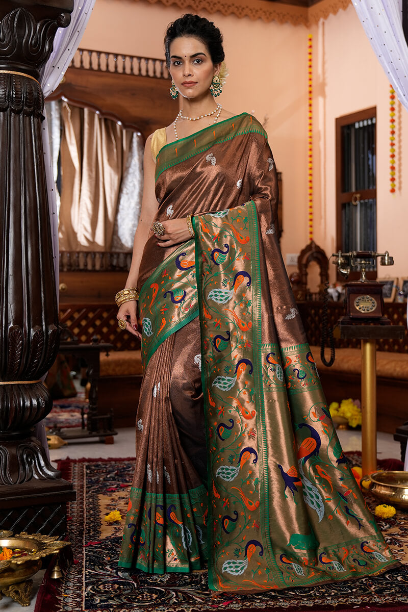 Neeva Brown Paithani Silk Saree With Attractive Blouse 