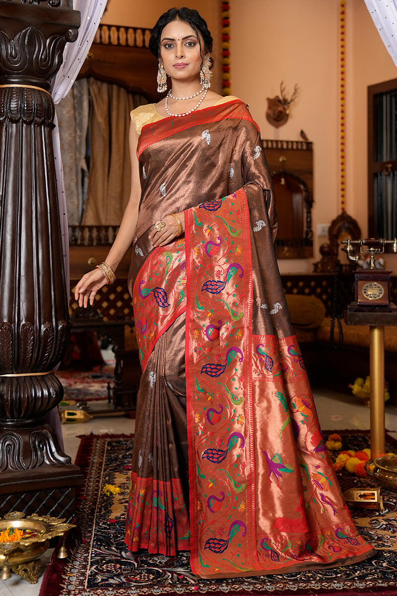 Neeva Wine Paithani Silk Saree With Elision Blouse 