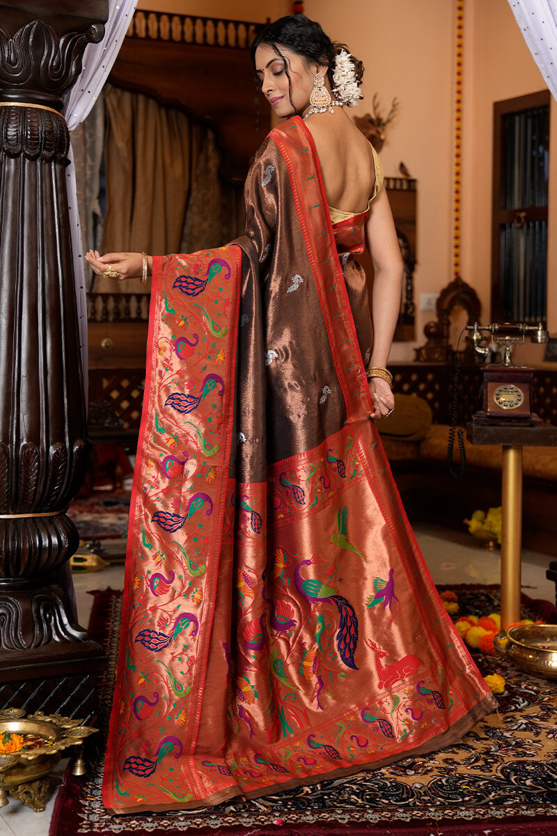 Neeva Wine Paithani Silk Saree With Elision Blouse 