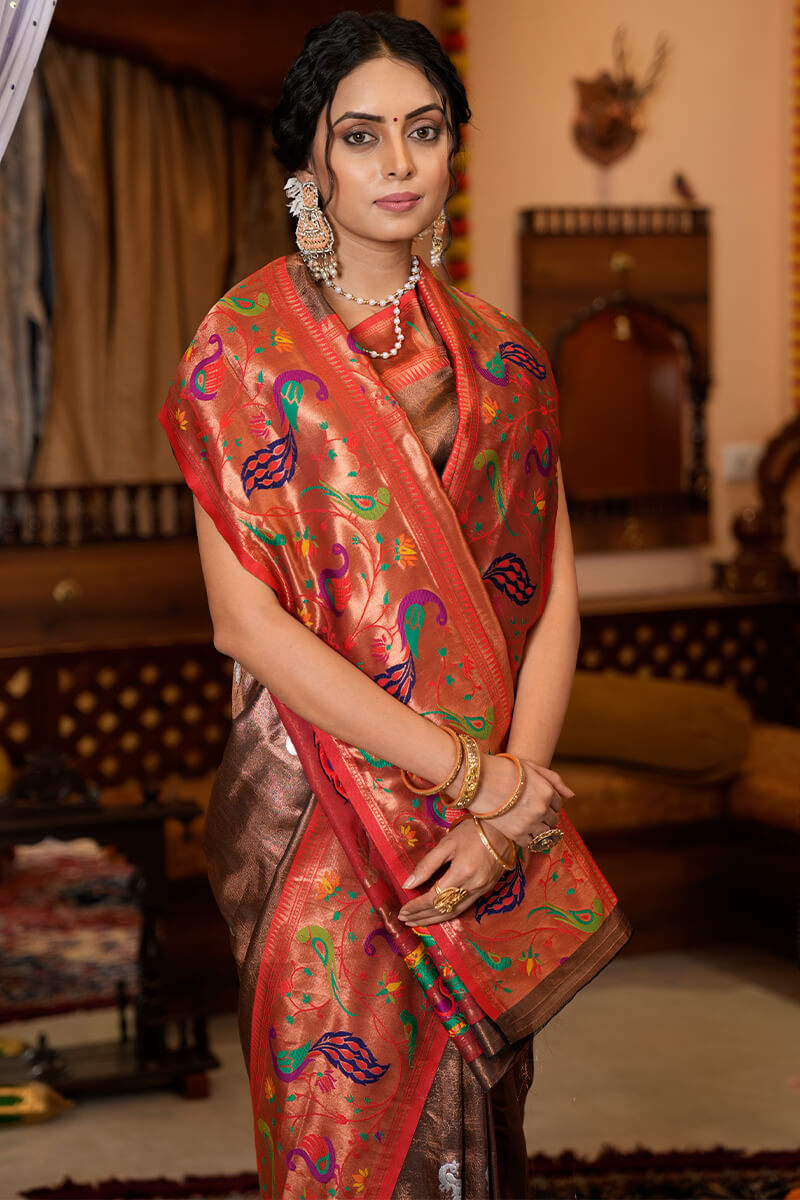 Neeva Wine Paithani Silk Saree With Elision Blouse 