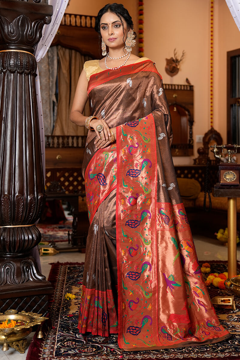 Neeva Wine Paithani Silk Saree With Elision Blouse 