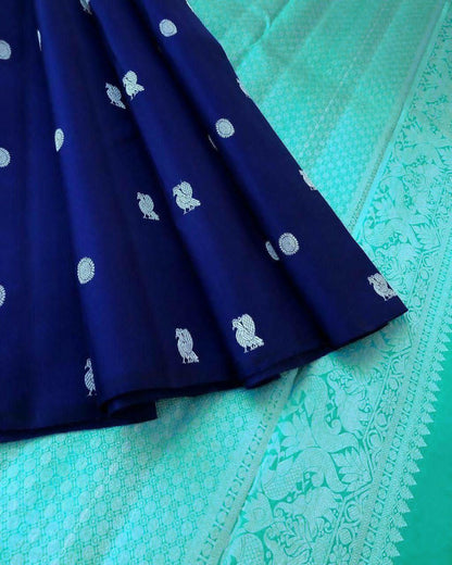 Firozi-Blue Style Traditional Soft Silk Sari With Attached Blouse