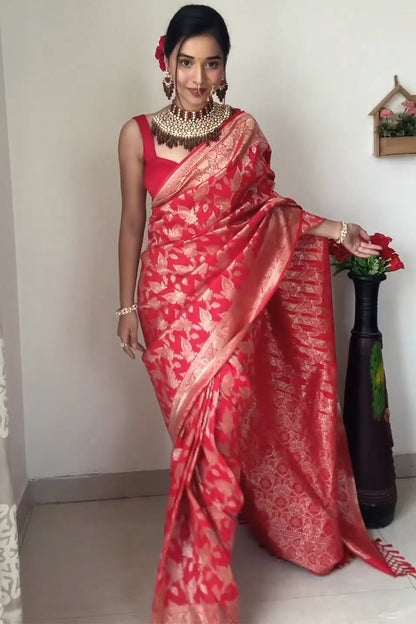 Dhara 1-Minute Ready To Wear Red Soft Silk Saree