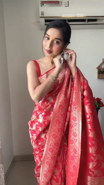 Dhara 1-Minute Ready To Wear Red Soft Silk Saree