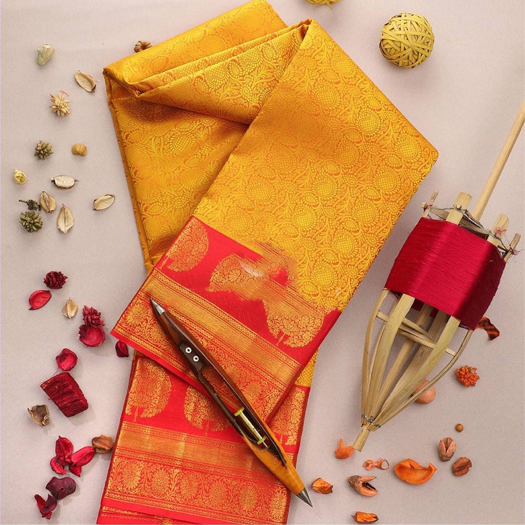 Aaradhya Yellow Soft Banarasi Silk Saree With Attached Blouse